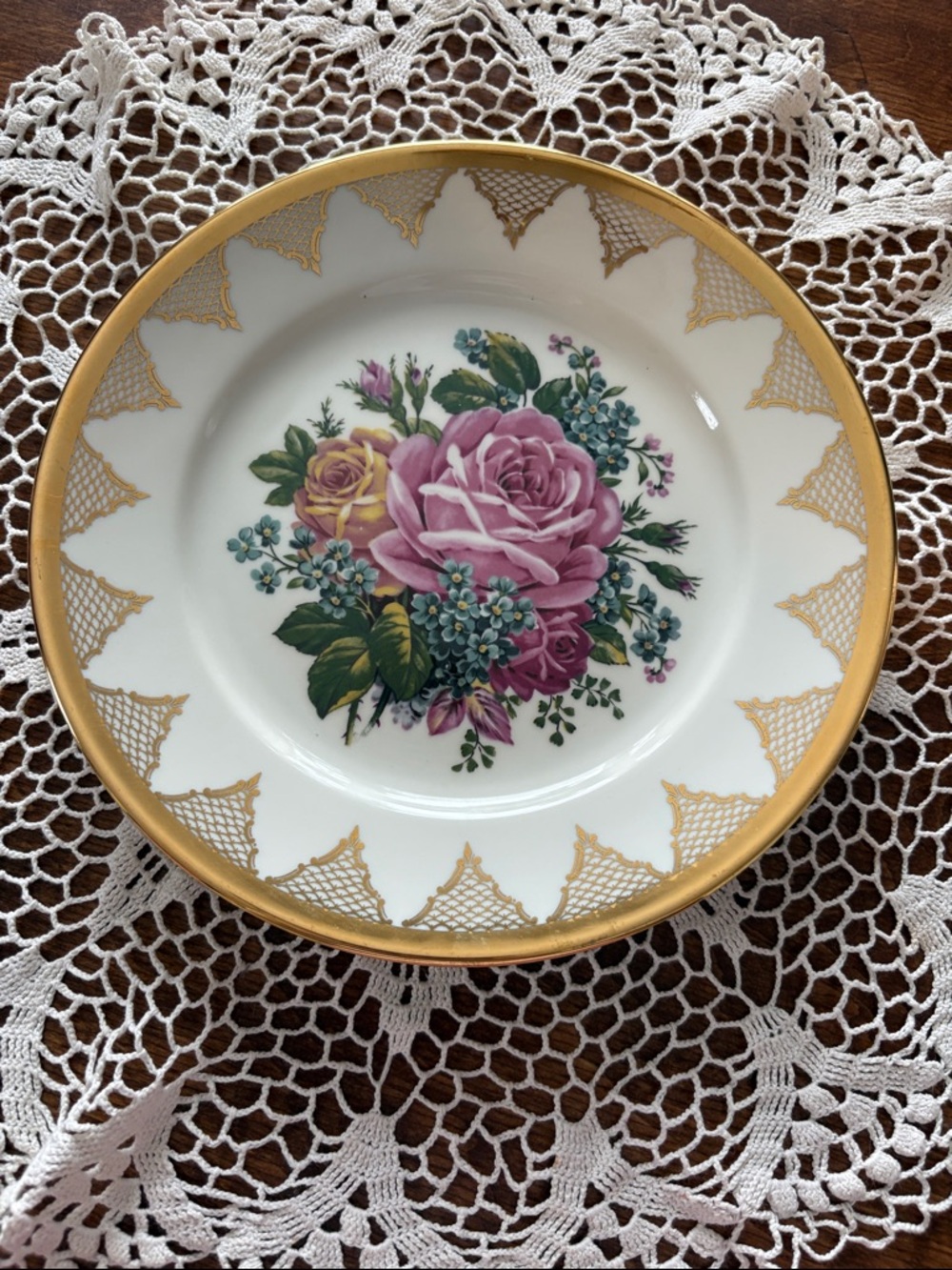 Gold-Rim Floral Decorative Plate - Pink Rose Design